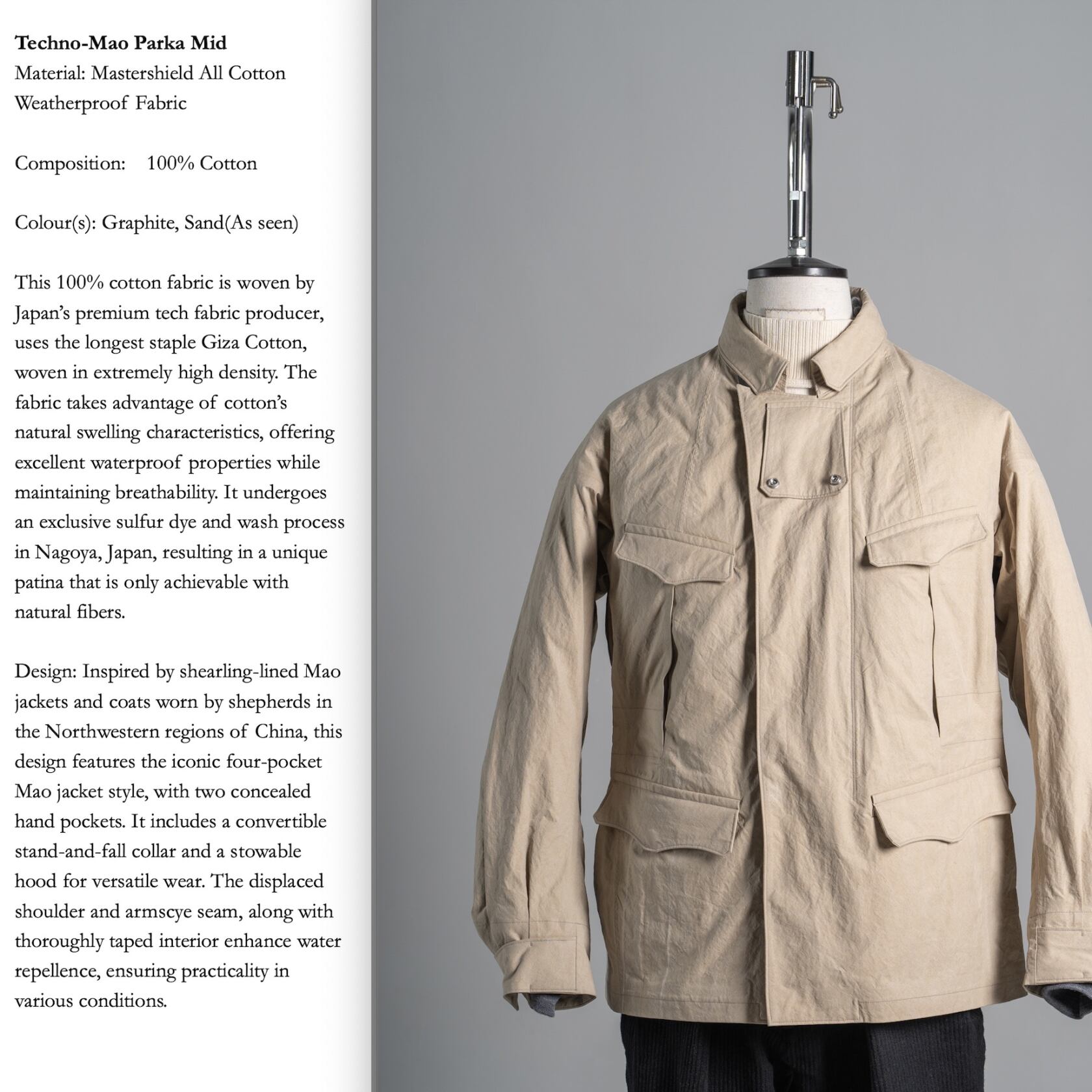 MotivMfg techno Mao parka mid mastershield all cotton weatherproof fabric graphite MotivMfg