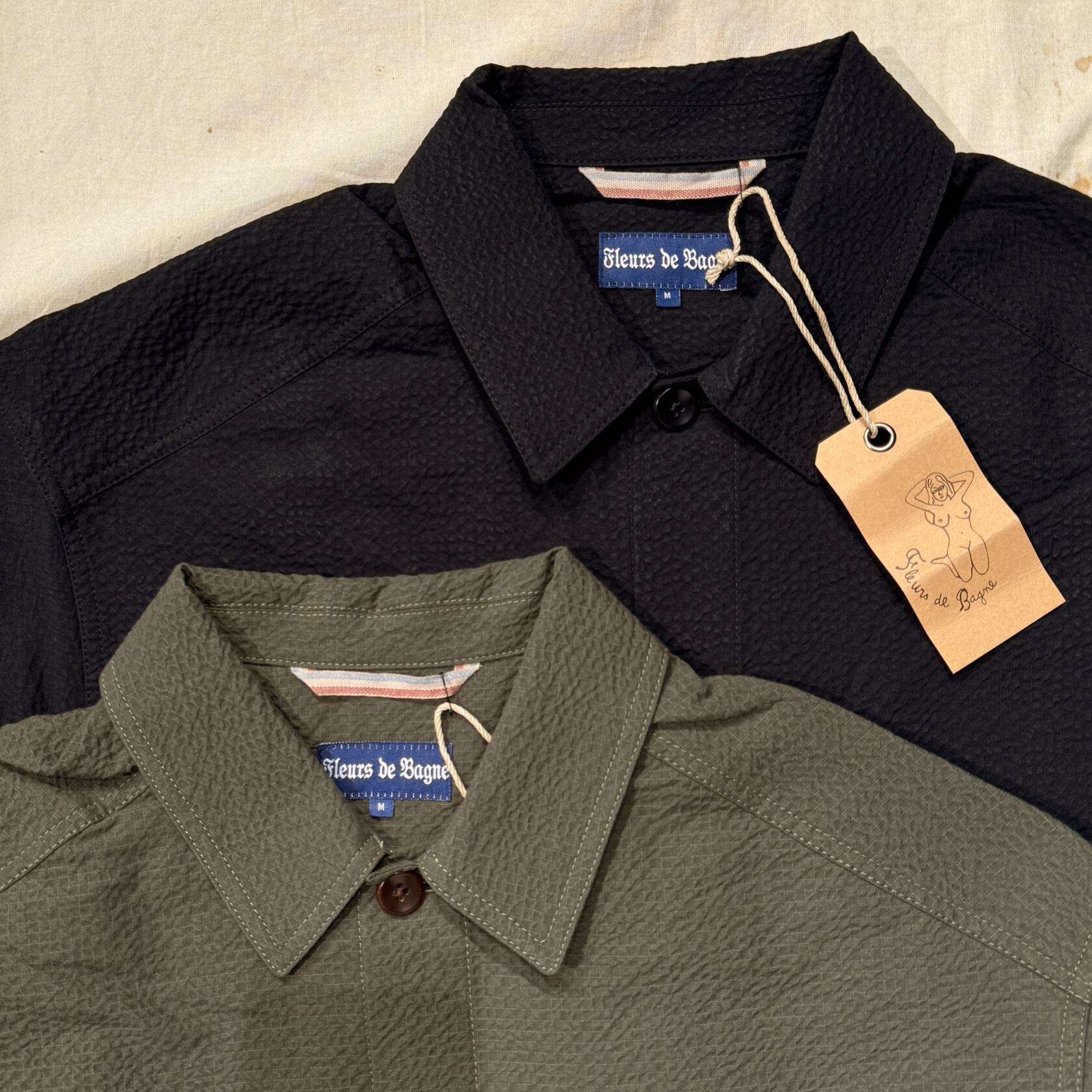 Fleurs de Bagne la chemise “ Nervi“ seersucker khaki and black Fleurs de Bagne