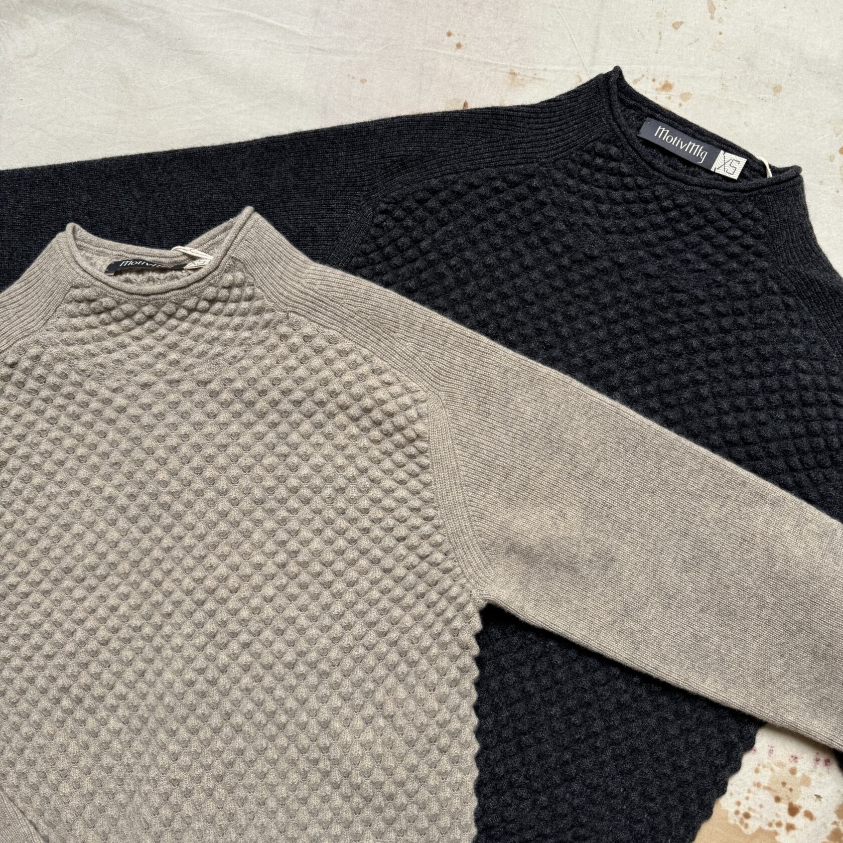 MotivMfg bubble knit cashmere mocknecks flannel grey and light pewter MotivMfg