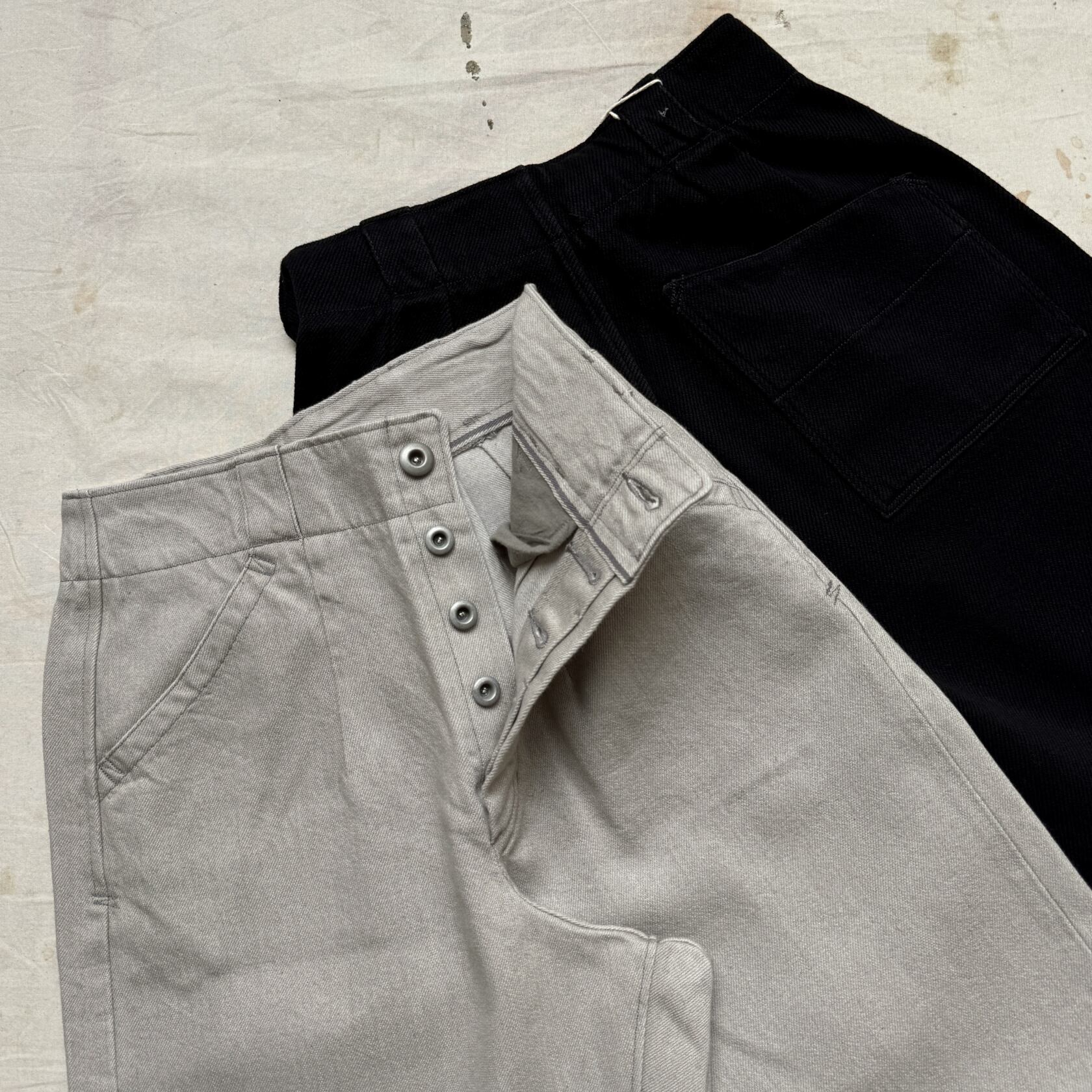 MotivMfg doric pants cotton/ wool oyster and tailorable denim black MotivMfg
