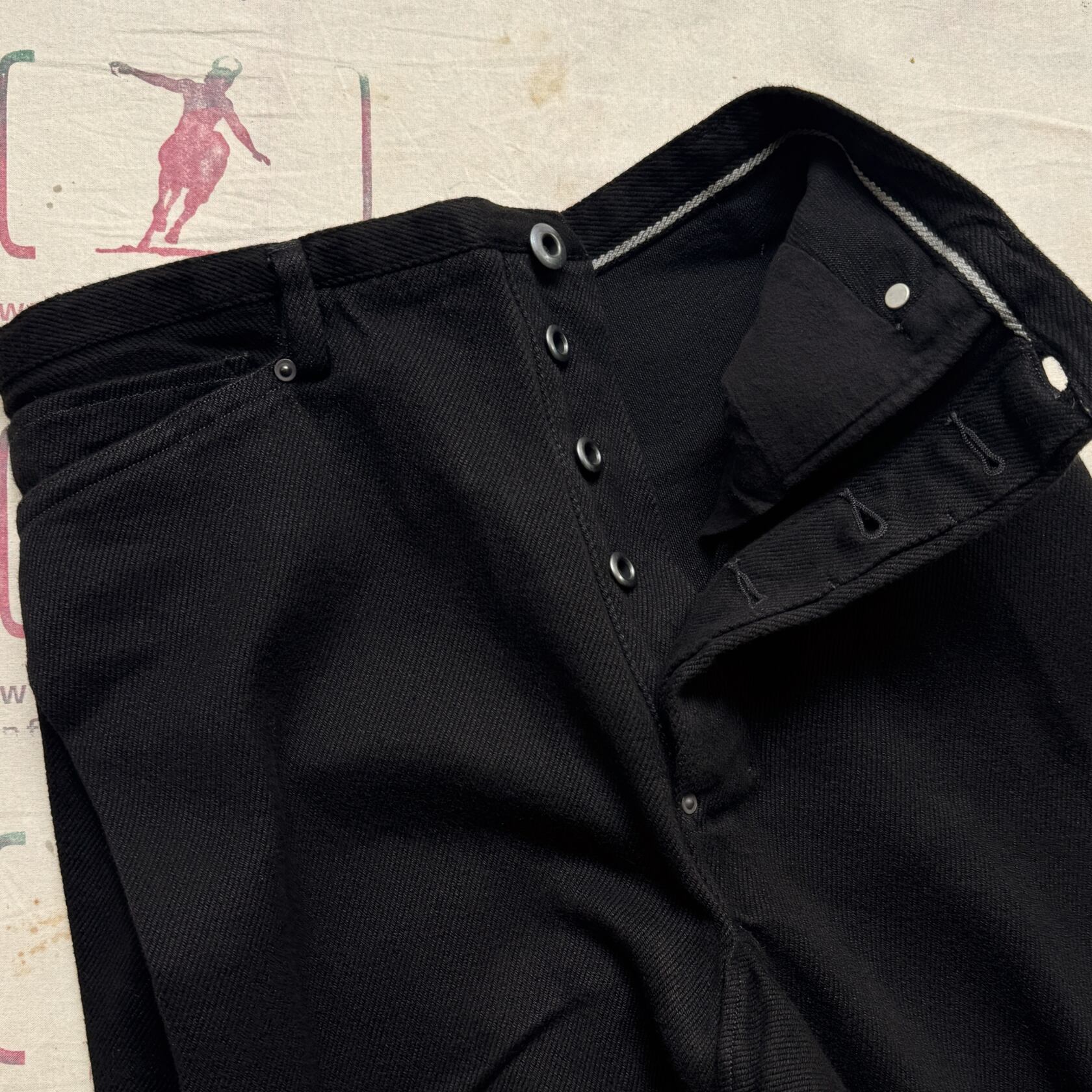 MotivMfg 5 pocket wrap trousers tailorable denim black MotivMfg