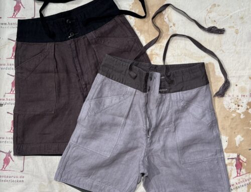 MotivMfg wide waistband shorts overdyed irish linen dove and chestnut